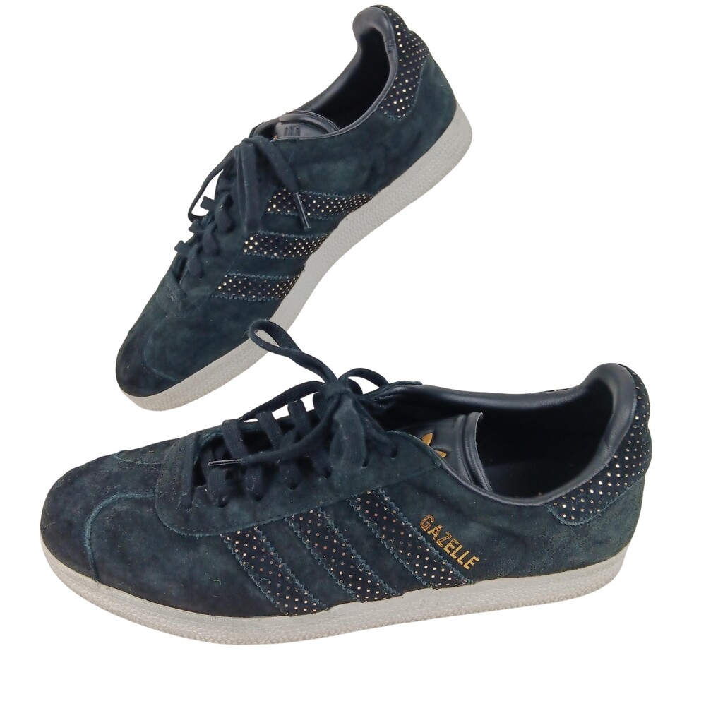 Adidas Gazelle Shoes Womens Size 8.5 Black Gold Studded Suede Classic Sneakers